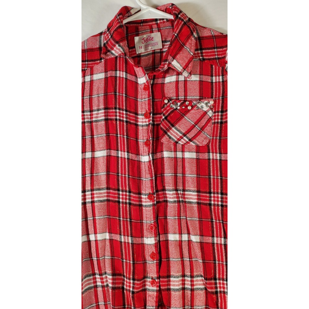 Justice Red Plaid Sparkle Flannel Shirt Kids Size 14 Embellished Pocket - Picture 8 of 8